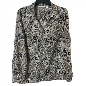 Notations Women’s 1X Paisley Button Down Shirt Black Tan Long Sleeve Casual Top